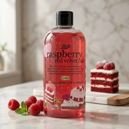 Boots Raspberry Red Velvet Cake 3-in-1 Shower Gel – Sweet Berry Body Wash 500ml